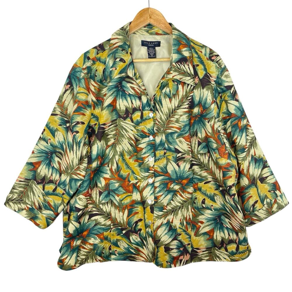 Silk Land Vintage 90s Botanical Shirt Women's 3X Spangles Boho Resort Maximalism